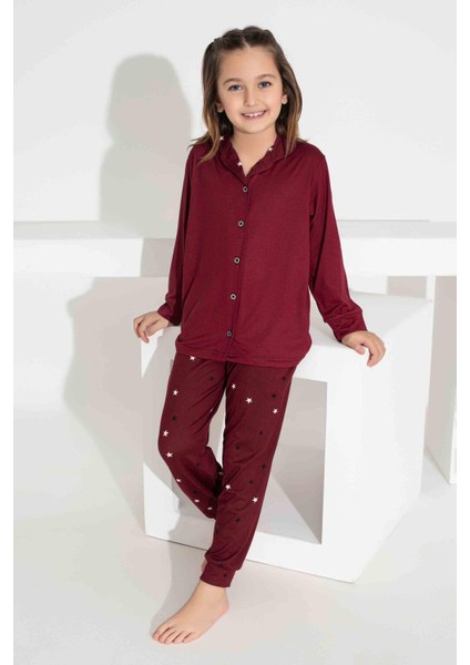 Kız Çocuk Yakası Kalp Desenli Düğmeli Uzun Kollu Pijama Takımı
