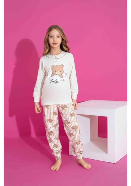 Kız Çocuk Ayıcık Desenli Uzun Kollu Pijama Takımı