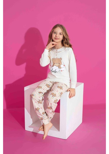 Kız Çocuk Ayıcık Desenli Uzun Kollu Pijama Takımı