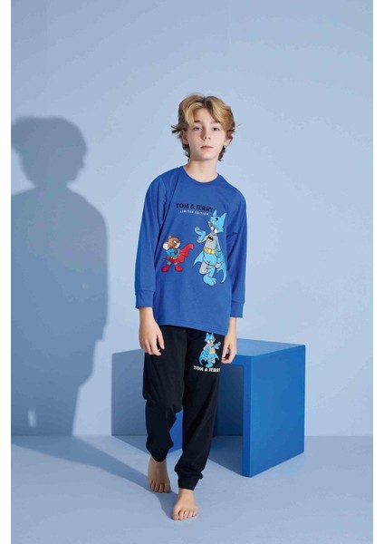 Erkek Çocuk Sevimli Kedi Desenli Uzun Kollu Pijama Takımı