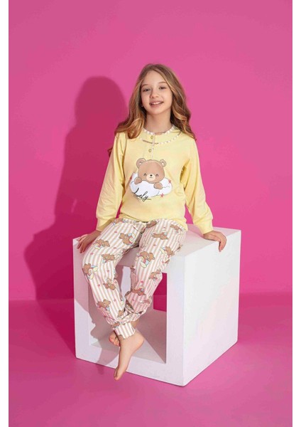 Kız Çocuk Ayıcık Desenli Uzun Kollu Pijama Takımı