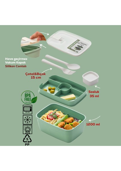 3191 Vakumlu Kendinden Kaşık Çatallı Sosluklu Bölmeli Saklama Kabı Beslenme Çantası - Taşınabilir 2 Katlı Lunch Box - Sefer Tası 1200 ml Yeşil