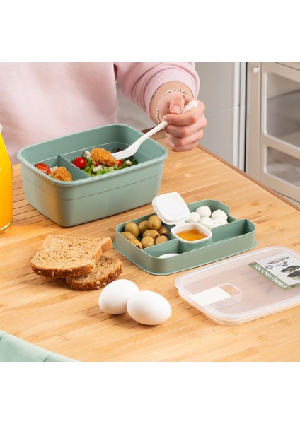 3191 Vakumlu Kendinden Kaşık Çatallı Sosluklu Bölmeli Saklama Kabı Beslenme Çantası - Taşınabilir 2 Katlı Lunch Box - Sefer Tası 1200 ml Yeşil fiyatları