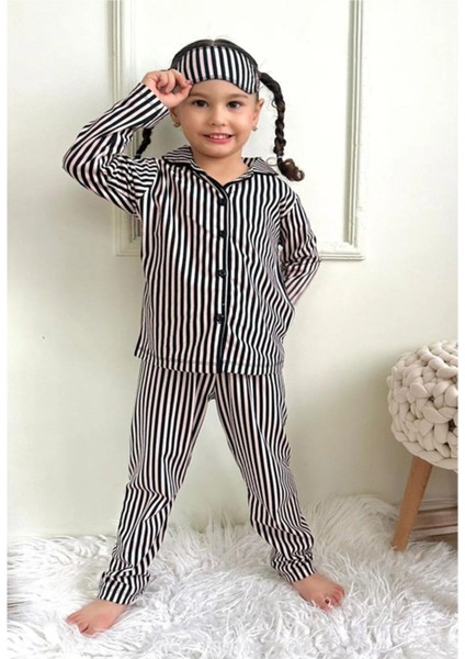Kız Çocuk Düğmeli Desenli Uzun Kollu Pijama Takımı