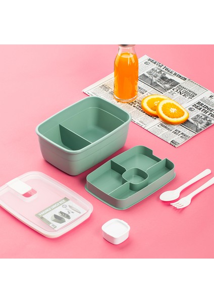 3191 Vakumlu Kendinden Kaşık Çatallı Sosluklu Bölmeli Saklama Kabı Beslenme Çantası - Taşınabilir 2 Katlı Lunch Box - Sefer Tası 1200 ml Yeşil modelleri