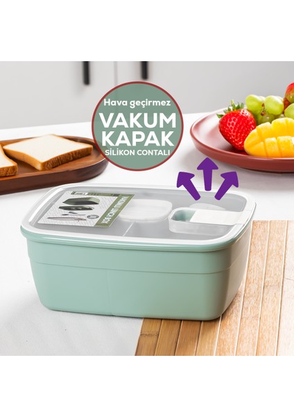 3191 Vakumlu Kendinden Kaşık Çatallı Sosluklu Bölmeli Saklama Kabı Beslenme Çantası - Taşınabilir 2 Katlı Lunch Box - Sefer Tası 1200 ml Yeşil fırsatları