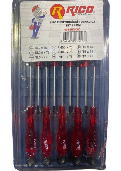 RK0060 9 Parça Elektronikçi Tornavida Set 75 mm