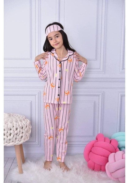 Kız Çocuk Düğmeli Desenli Uzun Kollu Pijama Takımı