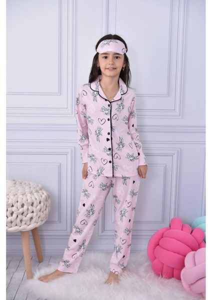 Kız Çocuk Düğmeli Desenli Uzun Kollu Pijama Takımı