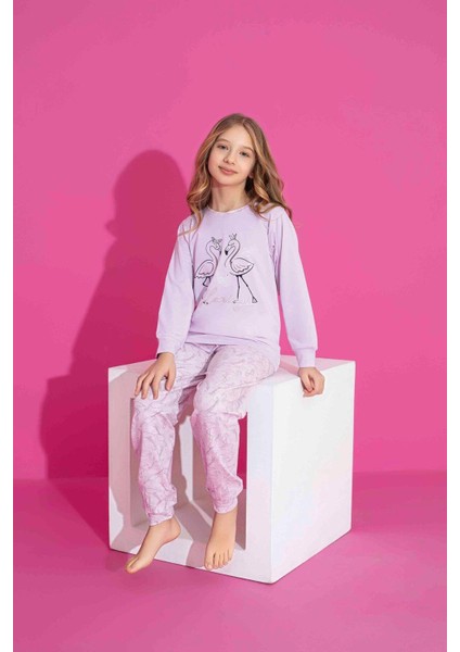 Kız Çocuk Kuğu Desenli Uzun Kollu Pijama Takımı
