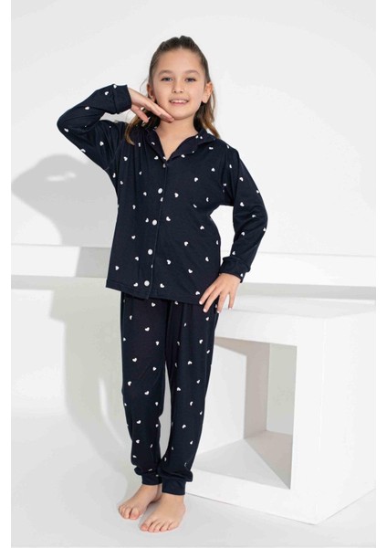 Kız Çocuk Kalp Desenli Düğmeli Uzun Kollu Pijama Takımı