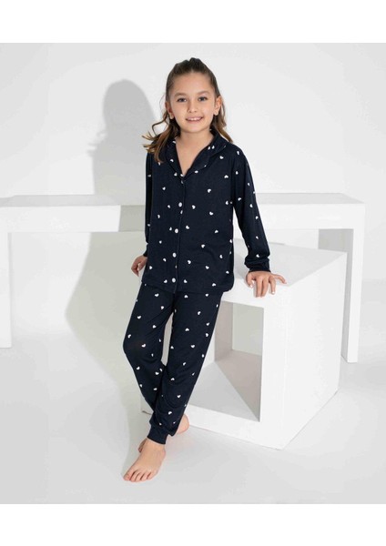 Kız Çocuk Kalp Desenli Düğmeli Uzun Kollu Pijama Takımı fiyatları