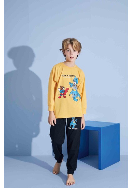 Erkek Çocuk Sevimli Kedi Desenli Uzun Kollu Pijama Takımı