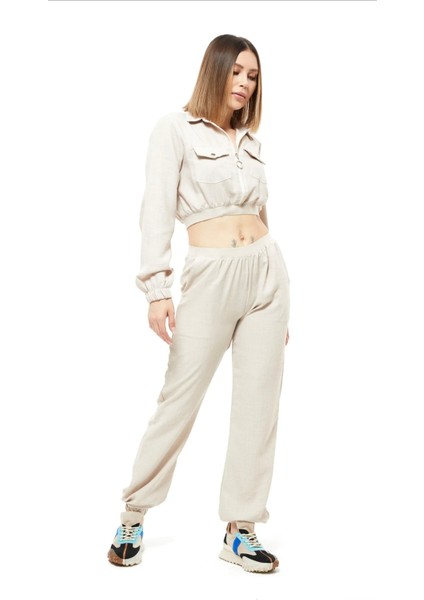 Keten Fermuarlı Crop Takım