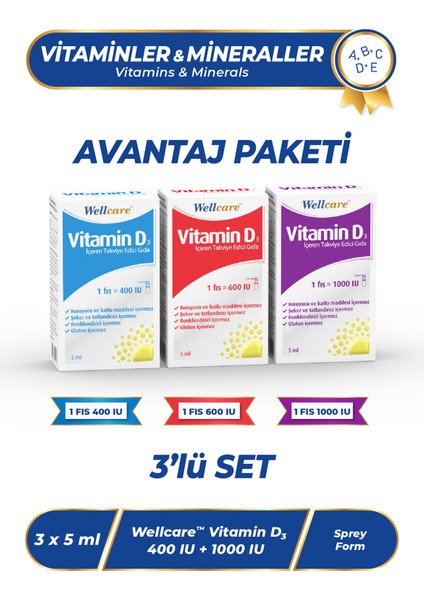 D3 Vitamini 3'lü Set - Vitamin D3 400 Iu 5 ml & Vitamin D3 600 Iu 5 ml &vitamin D3 1000 Iu 5 ml