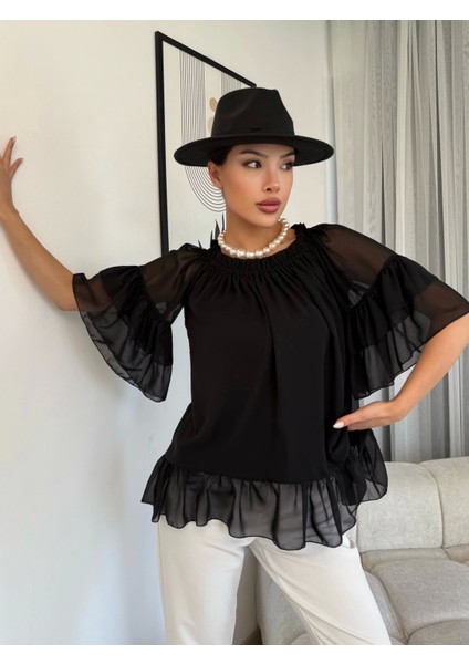 Yaka Lastikli Şifon Bluz 6022-SIYAH fiyatları