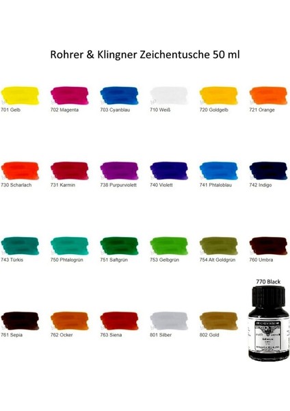 Rohrer&klingner Kaligrafi Mürekkebi Zeichentusche 29-Airbrush-Fırça-Divit-Sulu Boya 50ML-770-BLACK