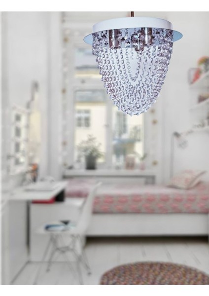 Lüks Gümüş Renkli 3'lü Rgb Led'li Kumandalı Kristal Taşlı Avize