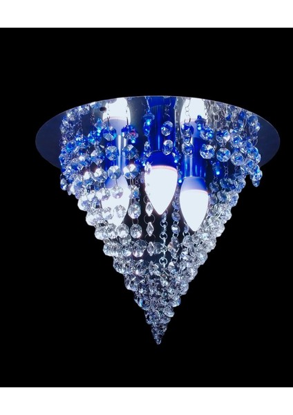 Lüks Gümüş Renkli 3'lü Rgb Led'li Kumandalı Kristal Taşlı Avize