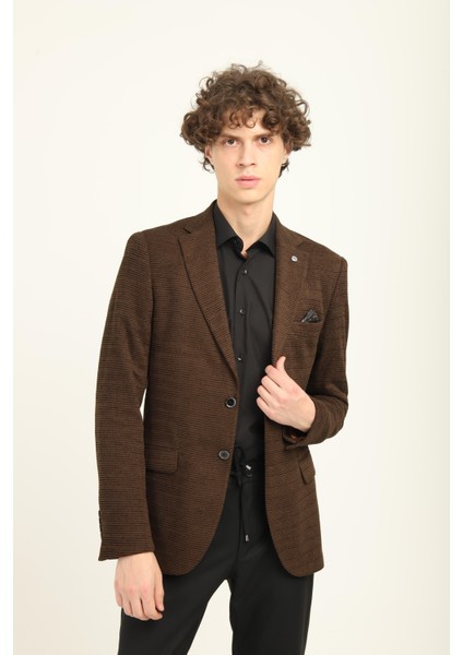 Kahverengi Mono Yaka Iki Düğme Çift Yırtmaç Blazer Tek Ceket Slim Fit | Agustini