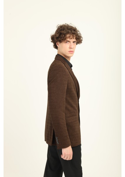 Kahverengi Mono Yaka Iki Düğme Çift Yırtmaç Blazer Tek Ceket Slim Fit | Agustini fiyatları