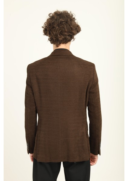 Kahverengi Mono Yaka Iki Düğme Çift Yırtmaç Blazer Tek Ceket Slim Fit | Agustini modelleri