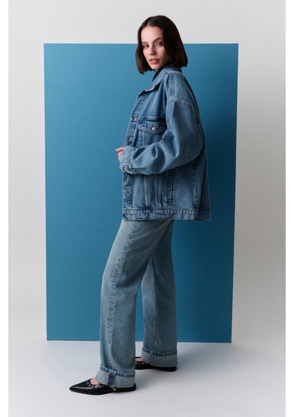 Uzun Paça Straıght Jean Gri Mavi