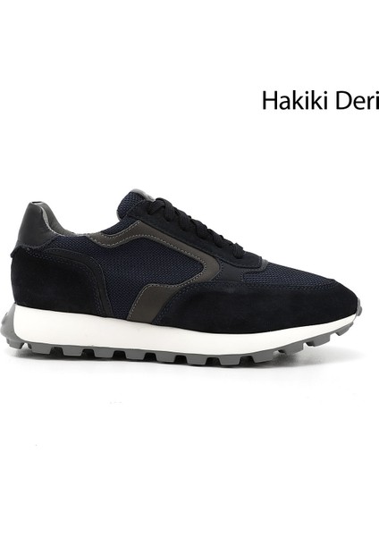 Erkek Lacivert Bağcıklı Hakiki Deri Sneaker