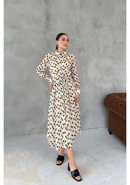 Bej Puantiyeli Gömlek Elbise