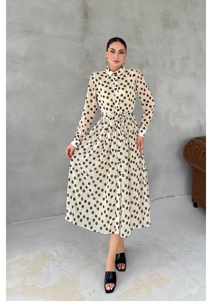 Bej Puantiyeli Gömlek Elbise modelleri