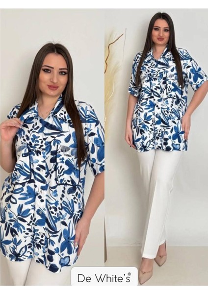 Büyük Beden Empirme Baskılı Cep Kısımları Taş Detaylı Gömlek