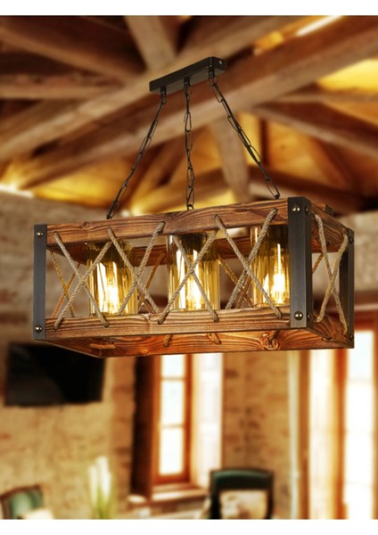 Doğal Ahşap Metal Camlı Avize Seti - 3'lü Ampül Başlıklı, Ev Dekorasyonu için Şık ve Modern Tasarım.