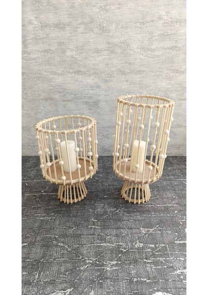 El Yapımı Doğal Bambu Fener Boncuklu 2'li Set (28 cm & 35 cm )