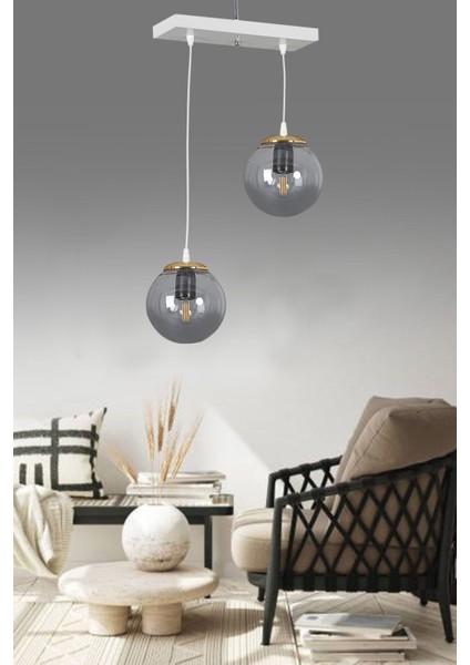 Modern Beyaz 2'li Sıralı Sarkıt Füme Glop Camlı Lüks Avize