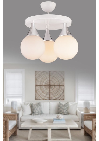 Beyaz 3'lü Plafonyer Beyaz Glop Top Camlı Krom Aşağı Bakan Lüks Avize