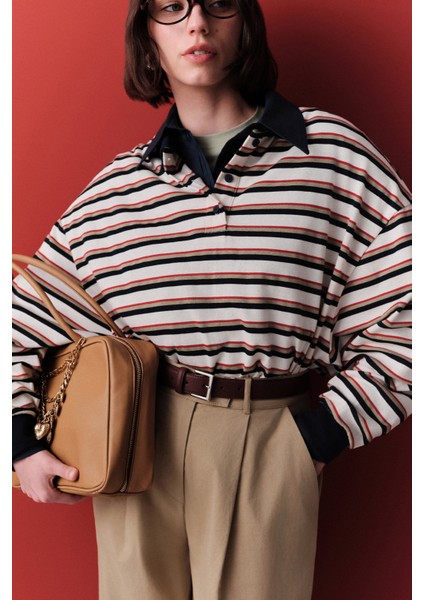 Polo Yaka Çizgili Sweatshırt Lacivert