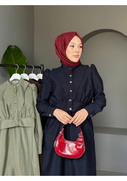 Kadın Büzgülü Balon Kol Düğmeli Uzun Elbise