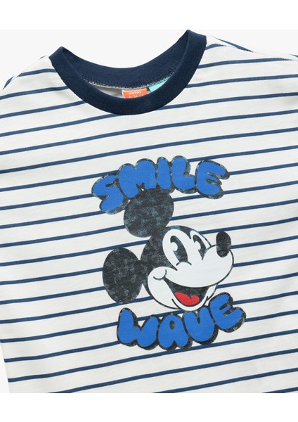 Kısa Kollu Bisiklet Yaka Pamuklu Çizgili Lisanslı Mickey Mouse Tişört modelleri