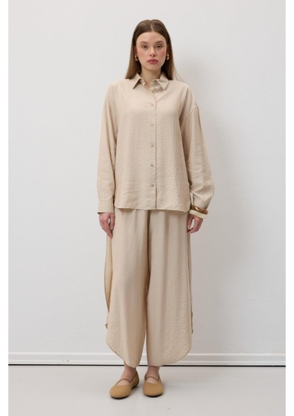 Beli Lastikli Yırtmaçlı Pantolon Taş