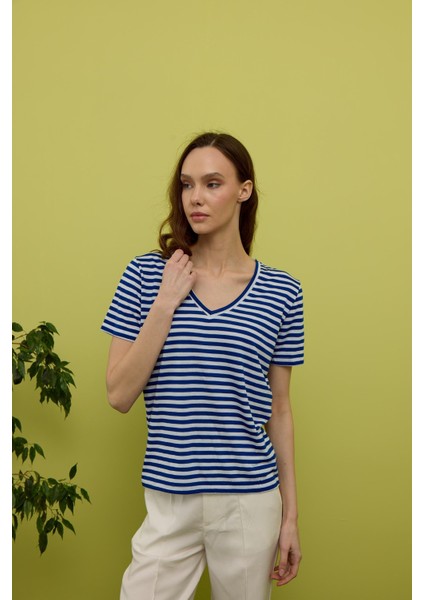 Kadın Sax Renk Çizgili Kısa Kollu T-Shirt