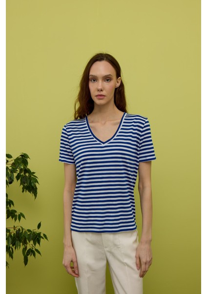 Kadın Sax Renk Çizgili Kısa Kollu T-Shirt fiyatları