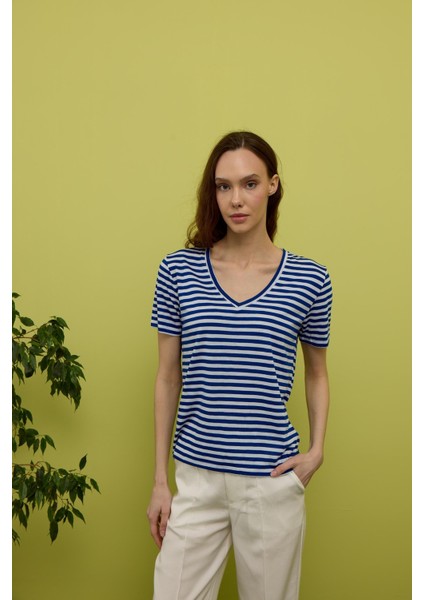 Kadın Sax Renk Çizgili Kısa Kollu T-Shirt modelleri