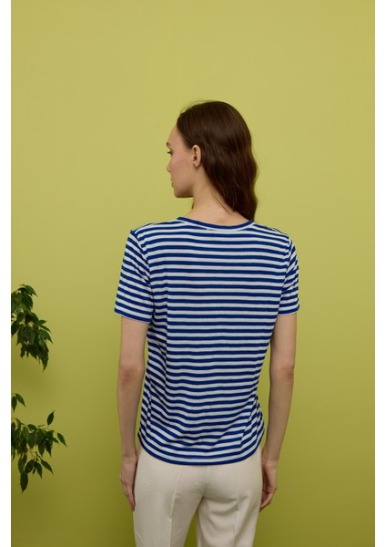 Kadın Sax Renk Çizgili Kısa Kollu T-Shirt indirimleri