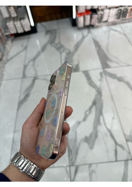 iPhone 15 Pro Max Kılıf Parlak Papatya Tasarımlı Magsafe Kılıf Fiyonk Silikon Gümüş fiyatları