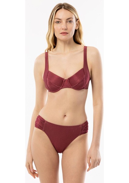 4528 Bordo Simli Kapsız Bikini Takımı