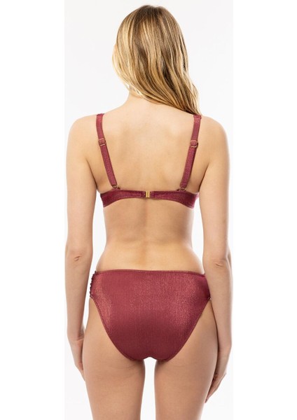 4528 Bordo Simli Kapsız Bikini Takımı