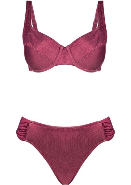 4528 Bordo Simli Kapsız Bikini Takımı