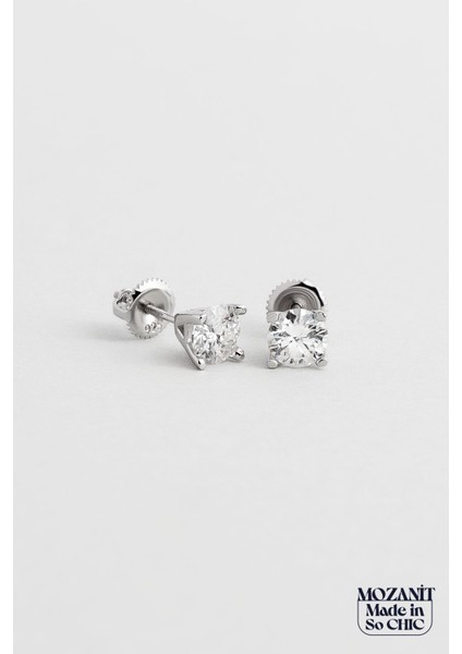 Mozanit Işığı 18 Ayar Beyaz Altın Kaplama Gümüş Tektaş Küpe