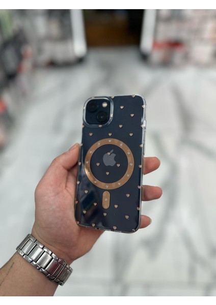 iPhone 15 Kılıf Kalp Magsafe Kılıf Fiyonklu Tasarım Silikon Kılıf Rose Gold