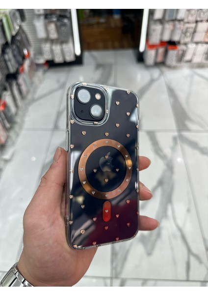 iPhone 15 Kılıf Kalp Magsafe Kılıf Fiyonklu Tasarım Silikon Kılıf Rose Gold